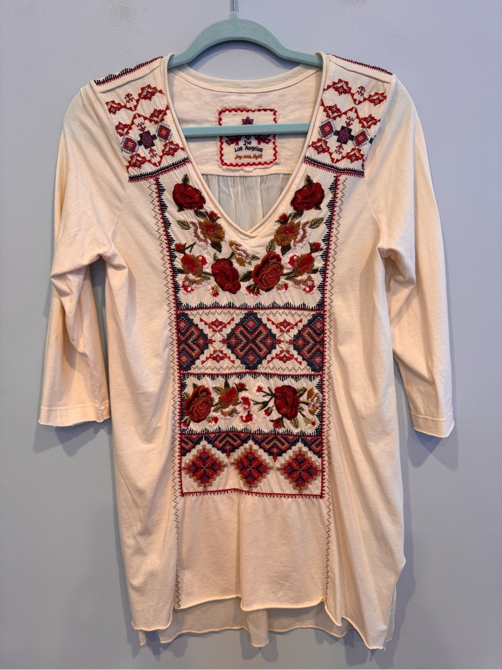 Johnny Was JW Los Angeles "Joy Love Light" Embroidered Sheer Back Tunic Top